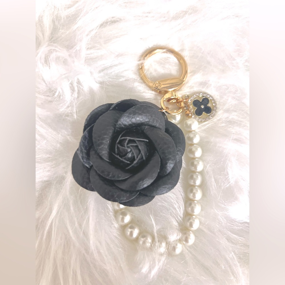 PU Leather Black Camellia Keychain / Bag Charm